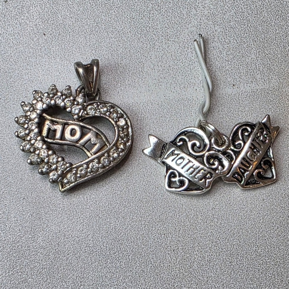 Sterling Silver 925‎ Mom CZ Heart and Mother Daughter Double Heart Pendants K2